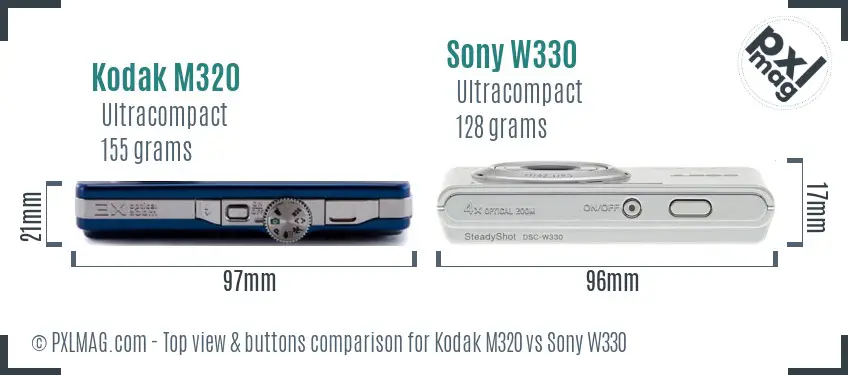 Kodak M320 vs Sony W330 top view buttons comparison