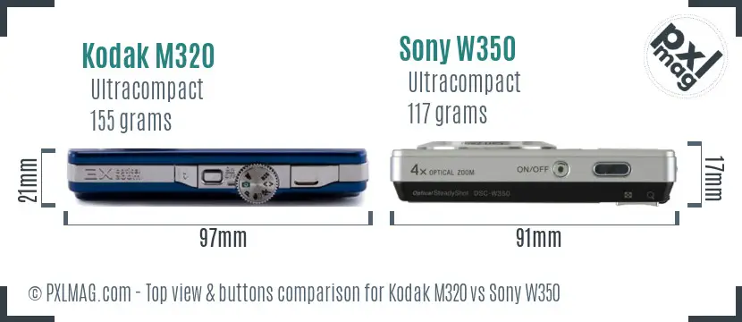 Kodak M320 vs Sony W350 top view buttons comparison