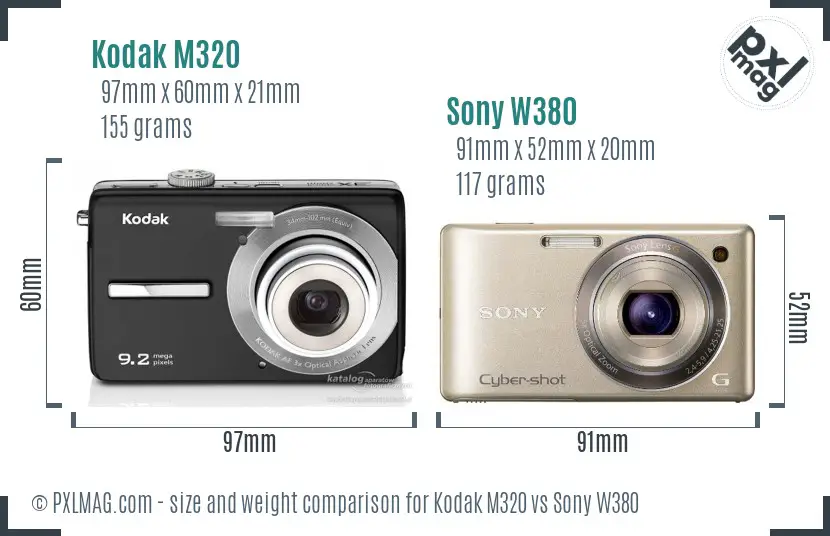 Kodak M320 vs Sony W380 size comparison