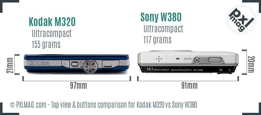 Kodak M320 vs Sony W380 top view buttons comparison