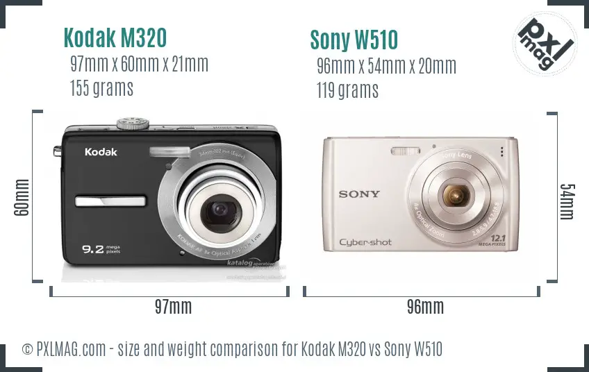 Kodak M320 vs Sony W510 size comparison