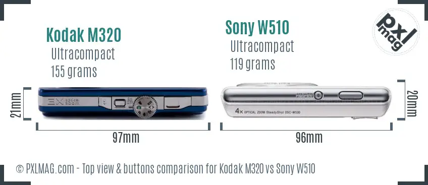 Kodak M320 vs Sony W510 top view buttons comparison
