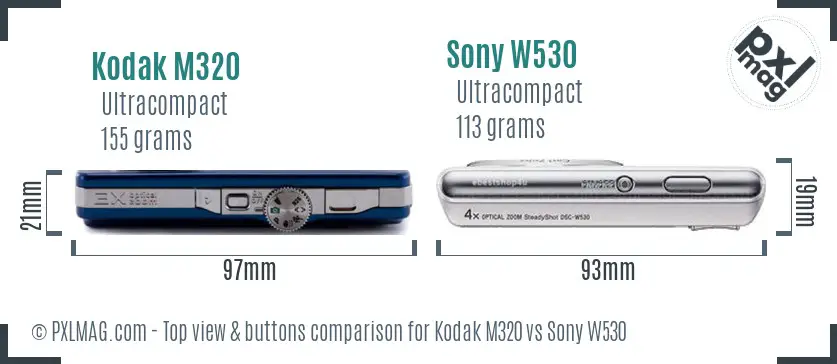 Kodak M320 vs Sony W530 top view buttons comparison Kodak M320 vs Sony W530 top view buttons comparison