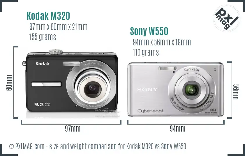 Kodak M320 vs Sony W550 size comparison