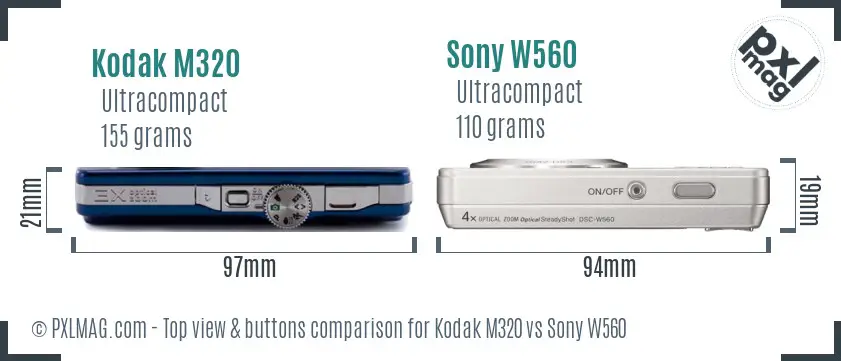 Kodak M320 vs Sony W560 top view buttons comparison Kodak M320 vs Sony W560 top view buttons comparison