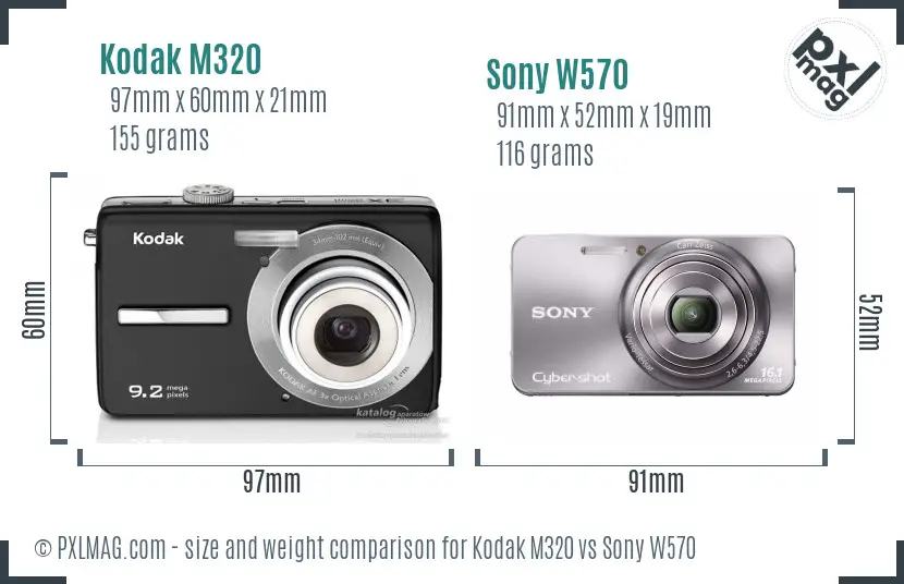 Kodak M320 vs Sony W570 size comparison