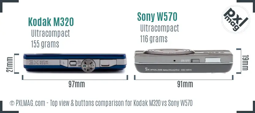 Kodak M320 vs Sony W570 top view buttons comparison