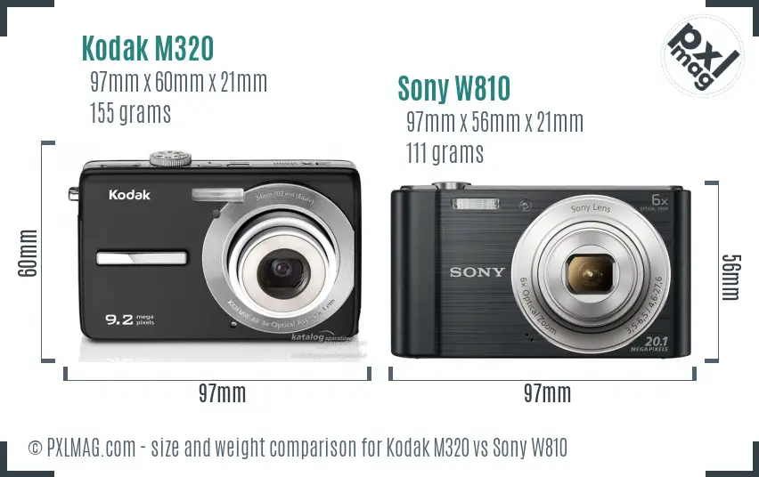 Kodak M320 vs Sony W810 size comparison