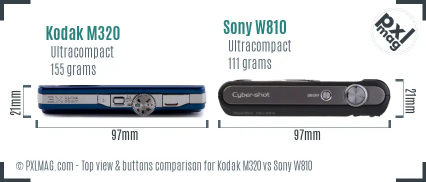 Kodak M320 vs Sony W810 top view buttons comparison