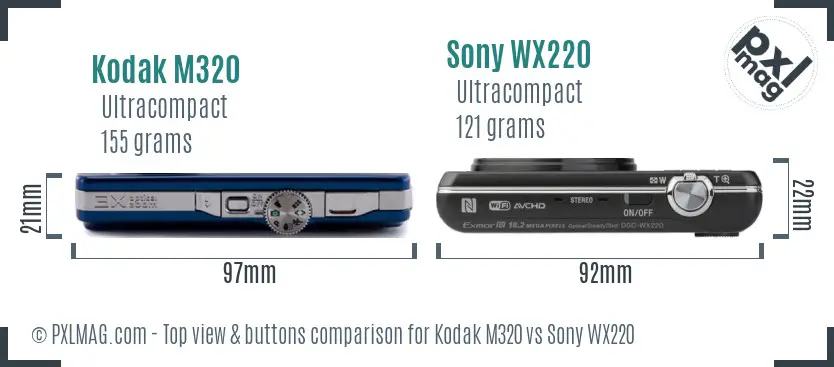 Kodak M320 vs Sony WX220 top view buttons comparison