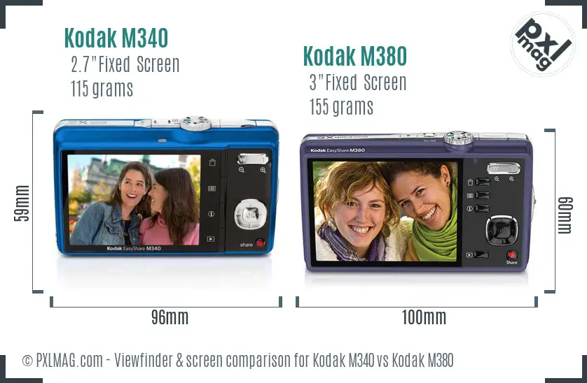 Kodak M340 vs Kodak M380 Screen and Viewfinder comparison