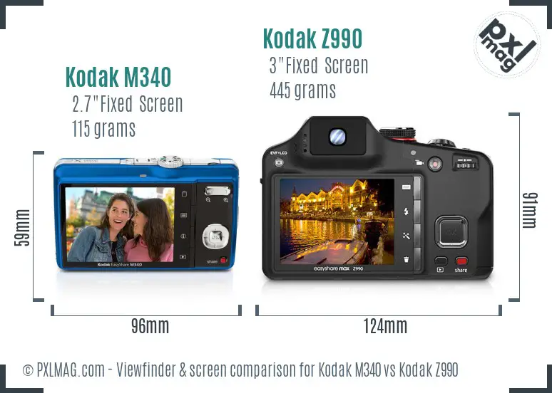 Kodak M340 vs Kodak Z990 Screen and Viewfinder comparison