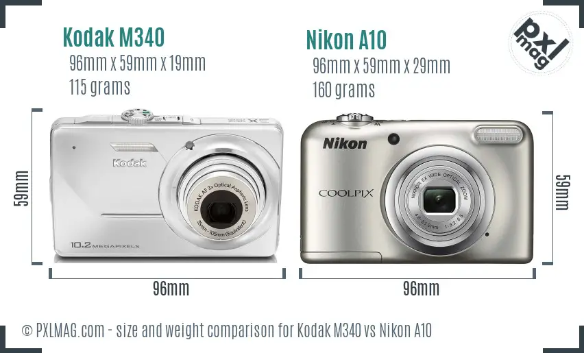 Kodak M340 vs Nikon A10 size comparison