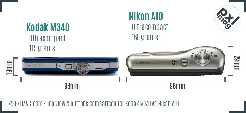 Kodak M340 vs Nikon A10 top view buttons comparison