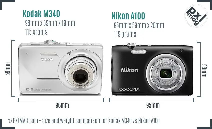 Kodak M340 vs Nikon A100 size comparison
