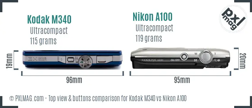 Kodak M340 vs Nikon A100 top view buttons comparison