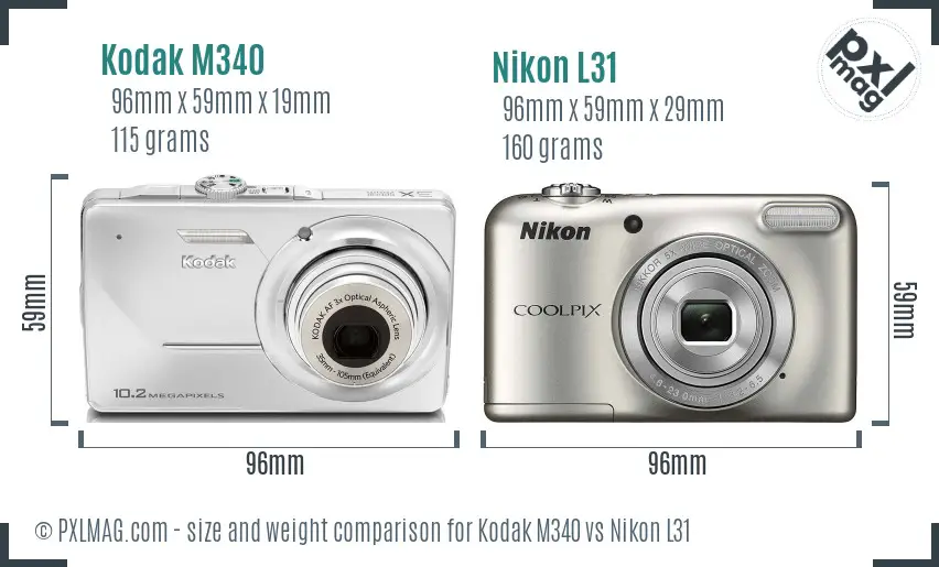 Kodak M340 vs Nikon L31 size comparison