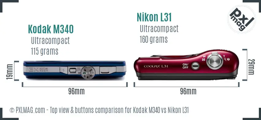 Kodak M340 vs Nikon L31 top view buttons comparison