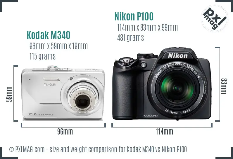 Kodak M340 vs Nikon P100 size comparison