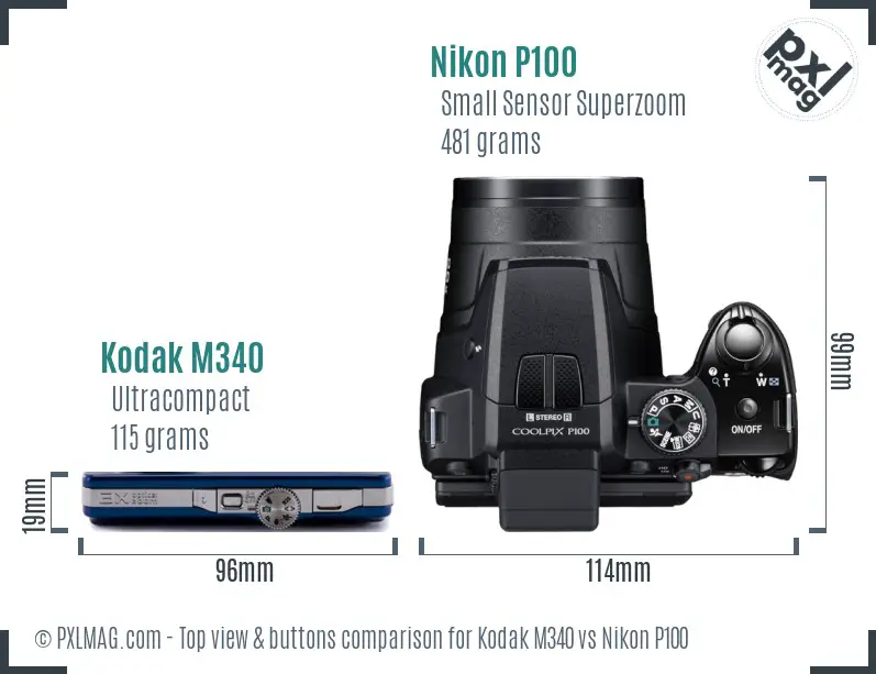 Kodak M340 vs Nikon P100 top view buttons comparison