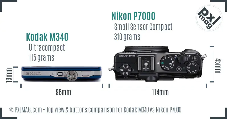 Kodak M340 vs Nikon P7000 top view buttons comparison