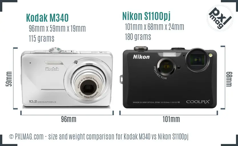 Kodak M340 vs Nikon S1100pj size comparison