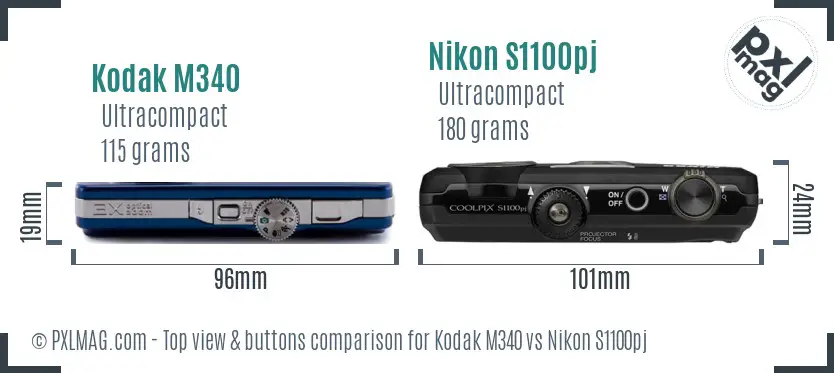Kodak M340 vs Nikon S1100pj top view buttons comparison