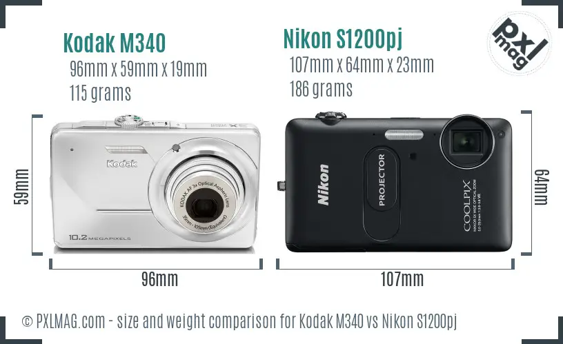 Kodak M340 vs Nikon S1200pj size comparison