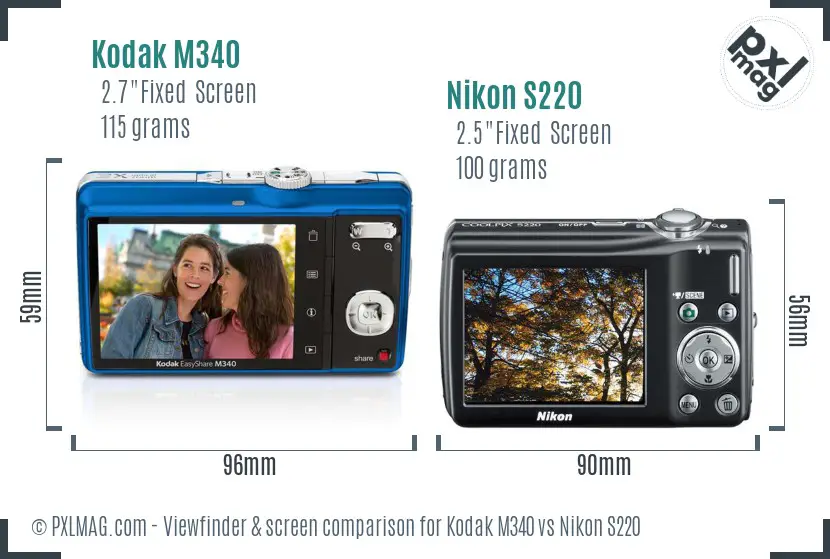 Kodak M340 vs Nikon S220 Screen and Viewfinder comparison