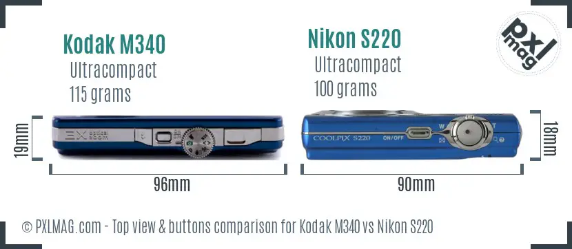 Kodak M340 vs Nikon S220 top view buttons comparison