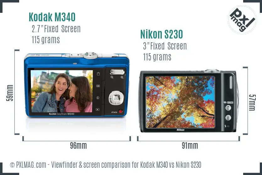 Kodak M340 vs Nikon S230 Screen and Viewfinder comparison