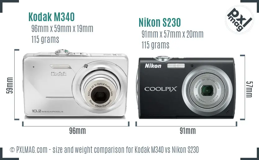 Kodak M340 vs Nikon S230 size comparison