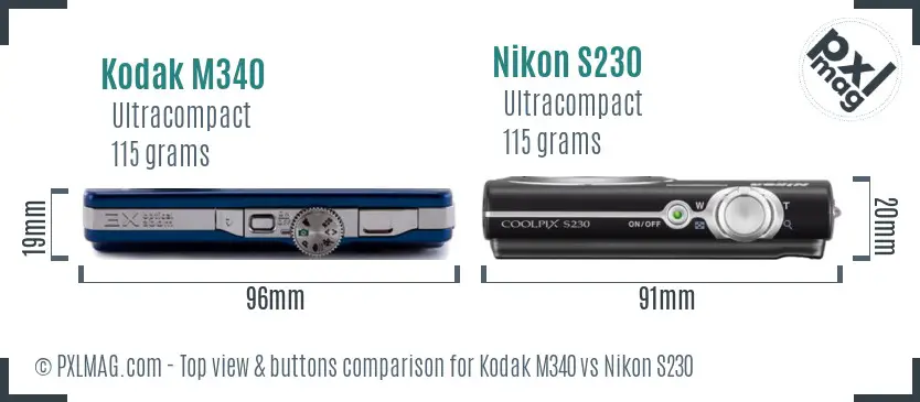 Kodak M340 vs Nikon S230 top view buttons comparison