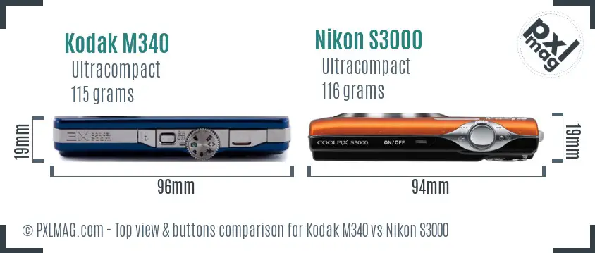 Kodak M340 vs Nikon S3000 top view buttons comparison Kodak M340 vs Nikon S3000 top view buttons comparison