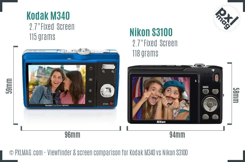 Kodak M340 vs Nikon S3100 Screen and Viewfinder comparison