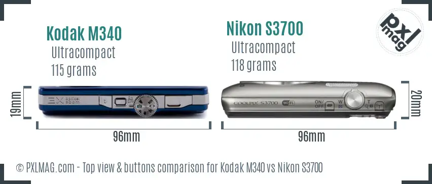 Kodak M340 vs Nikon S3700 top view buttons comparison Kodak M340 vs Nikon S3700 top view buttons comparison