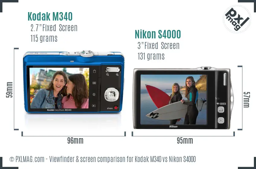 Kodak M340 vs Nikon S4000 Screen and Viewfinder comparison