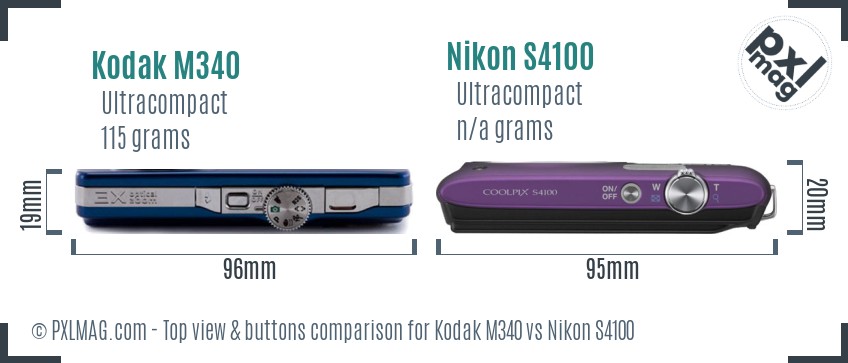 Kodak M340 vs Nikon S4100 top view buttons comparison