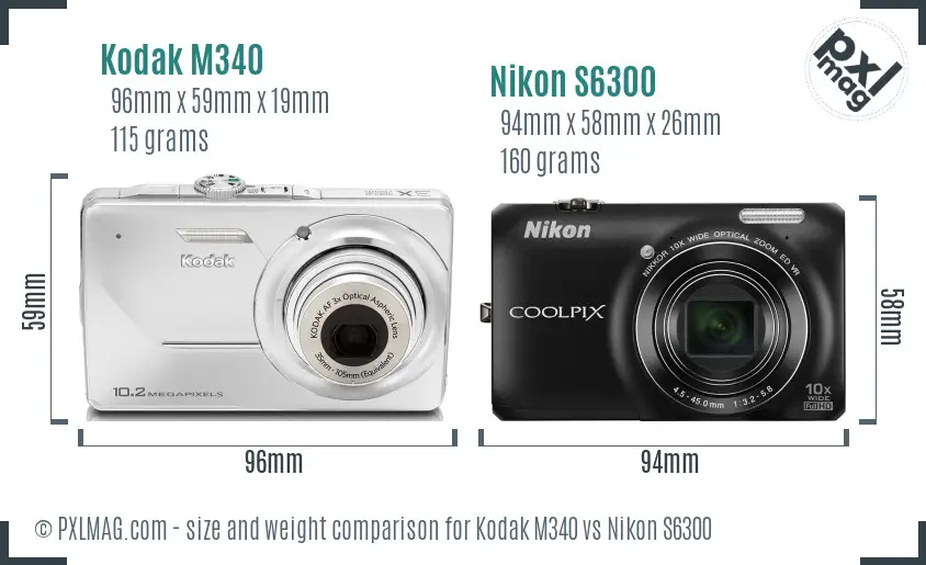 Kodak M340 vs Nikon S6300 size comparison