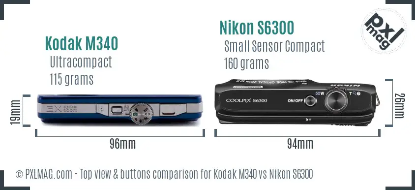 Kodak M340 vs Nikon S6300 top view buttons comparison