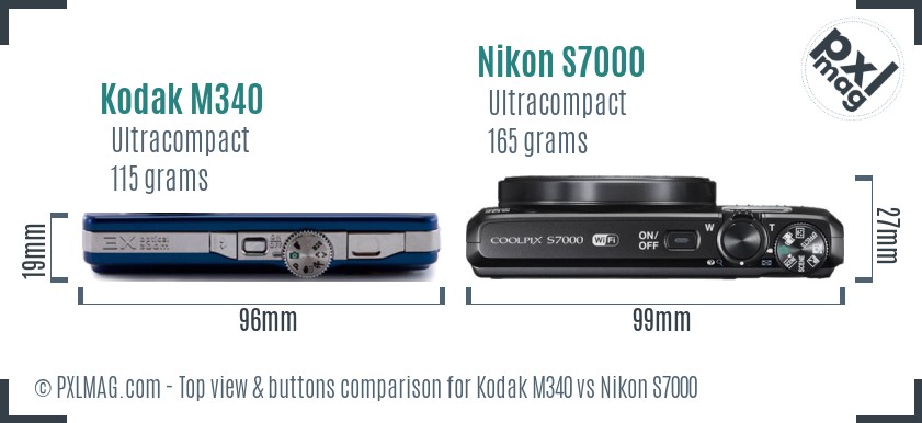 Kodak M340 vs Nikon S7000 top view buttons comparison