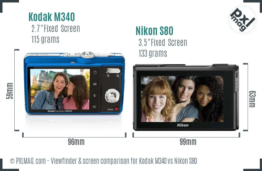 Kodak M340 vs Nikon S80 Screen and Viewfinder comparison