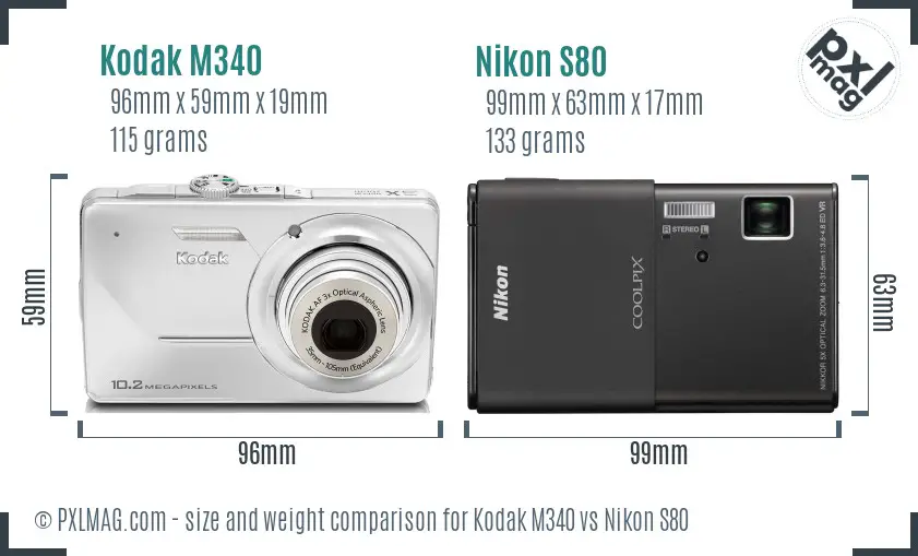 Kodak M340 vs Nikon S80 size comparison