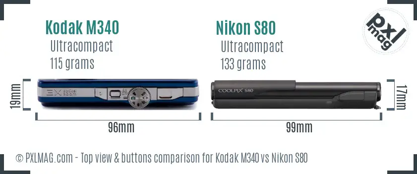 Kodak M340 vs Nikon S80 top view buttons comparison