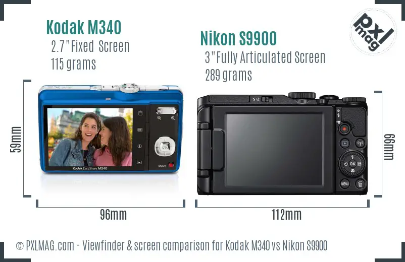 Kodak M340 vs Nikon S9900 Screen and Viewfinder comparison
