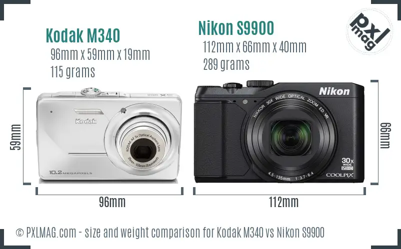 Kodak M340 vs Nikon S9900 size comparison