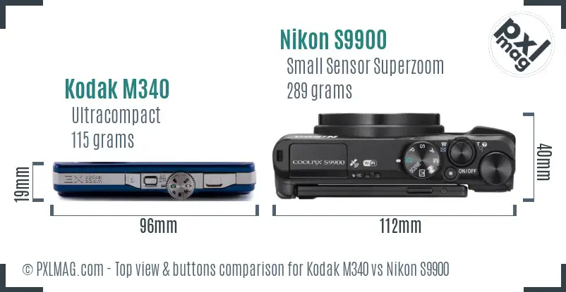 Kodak M340 vs Nikon S9900 top view buttons comparison