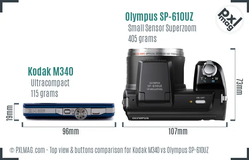 Kodak M340 vs Olympus SP-610UZ top view buttons comparison