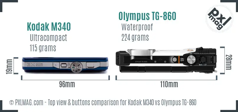 Kodak M340 vs Olympus TG-860 top view buttons comparison