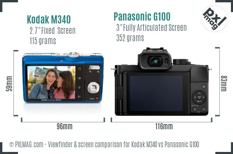 Kodak M340 vs Panasonic G100 Screen and Viewfinder comparison